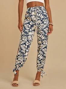 SHEIN VCAY 女士假期風格高腰寬腿褲，側縫口袋並打結綁帶款式，適合海灘 - 藍色 - 查看 1