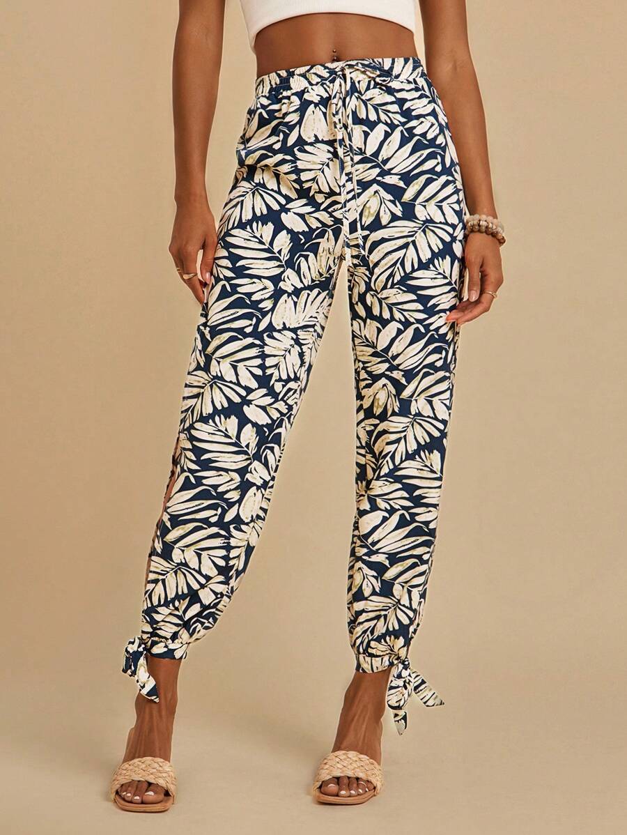 SHEIN VCAY 女士假期風格高腰寬腿褲，側縫口袋並打結綁帶款式，適合海灘 - 藍色 - 查看 1