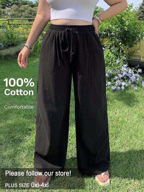 SHEIN EZwear Plus Size Women Simple Solid Color Wide Leg Summer Pants Pantalones De Mujer