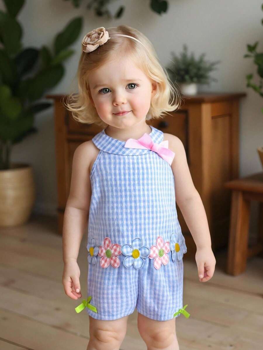 SHEIN Vintaside Kids 女婴可爱刺绣花卉和格子无袖上衣和裤子 2 件套，春夏 - 藍色 - 查看 1