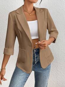 Franclia Blazer casual y de trabajo de un botón para mujer, ropa de primavera/verano para la universidad - Caqui - Ver 4