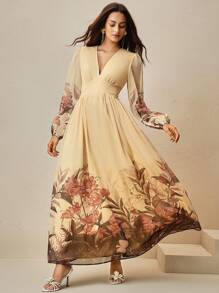 Anewsta Anwesta 优雅V领束腰印花女式连衣裙 - 黃色 - 查看 3