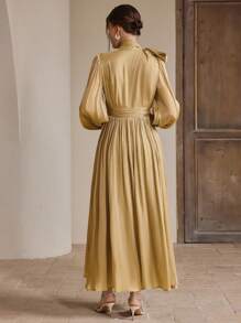 Anewsta Đầm dài nữ xuân/thu, xếp ly eo, bóng bẩy, thanh lịch và đa năng - trái cam - Xem 2