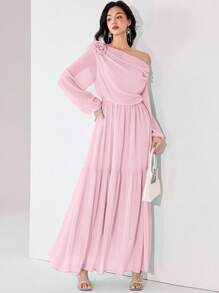 Heiryn Đầm dài tay xếp ly hoa lệch vai thanh lịch cho nữ - Màu Hồng baby - Xem 5