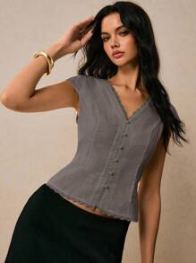 Poéselle Blusa elegante de mujer con contraste de encaje y cuello en V