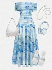 Girlism 少女蓝色针织花卉印花露肩褶皱长裙，优雅复古，返校/派对服装，生日服装，舞会礼服，派对礼服，亮粉色连衣裙，婚纱，夏季连衣裙，夏季修身网眼扎染 - 藍色 - 查看 1