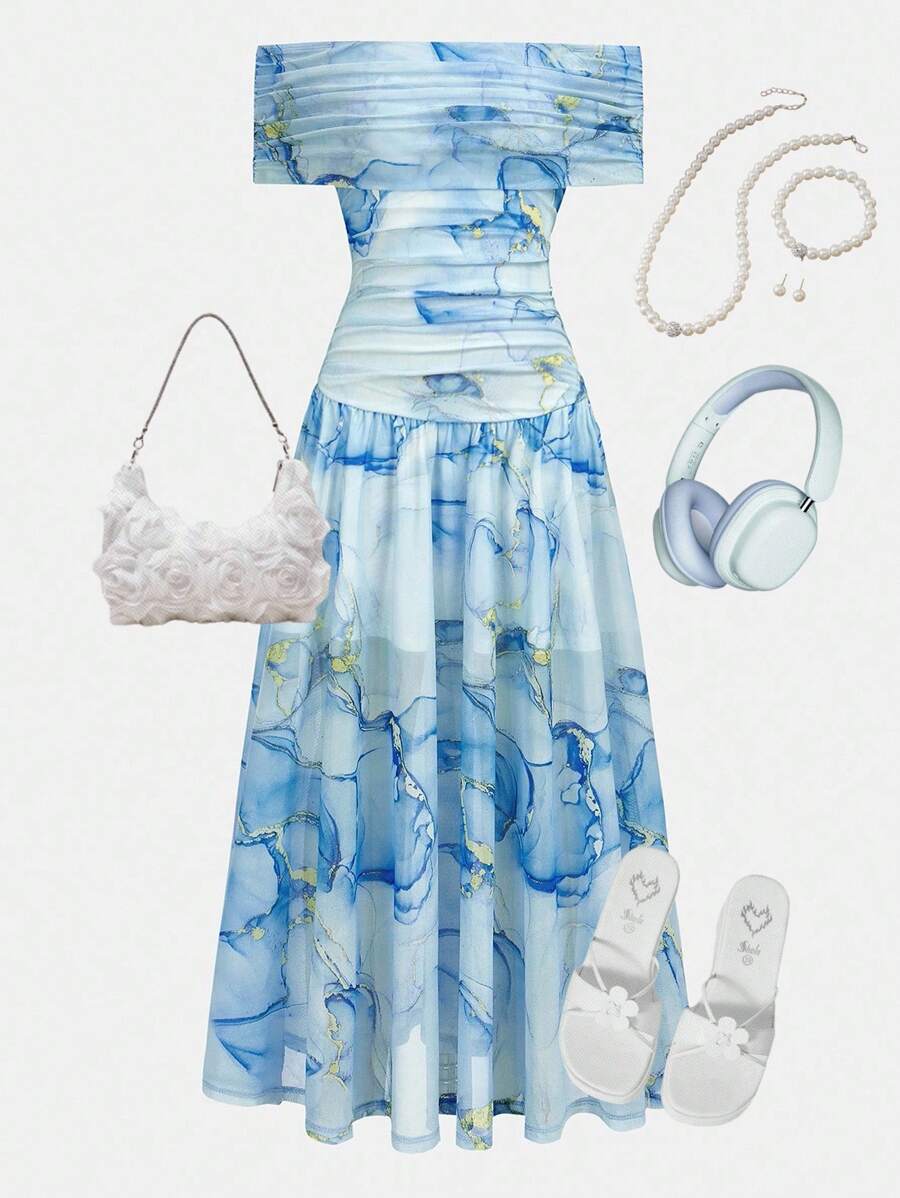 Girlism 少女蓝色针织花卉印花露肩褶皱长裙，优雅复古，返校/派对服装，生日服装，舞会礼服，派对礼服，亮粉色连衣裙，婚纱，夏季连衣裙，夏季修身网眼扎染 - 藍色 - 查看 1