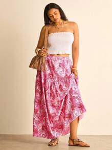 Freevana Plus Size Women's Paisley Print Elastic Waist Skirt, Vacation Style, Spring/Summer Boho Skirt Paisley Skirt Long Summer Skirt Hippie Skirt Vacation Skirt