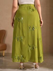 Chikora Falda larga de línea A elegante con bordado de lentejuelas para mujer de talla grande, falda larga de verano verde, falda larga floral, falda de lentejuelas, falda bordada, vuelta al colegio, estilo country, concierto country, dinero antiguo, casual de negocios