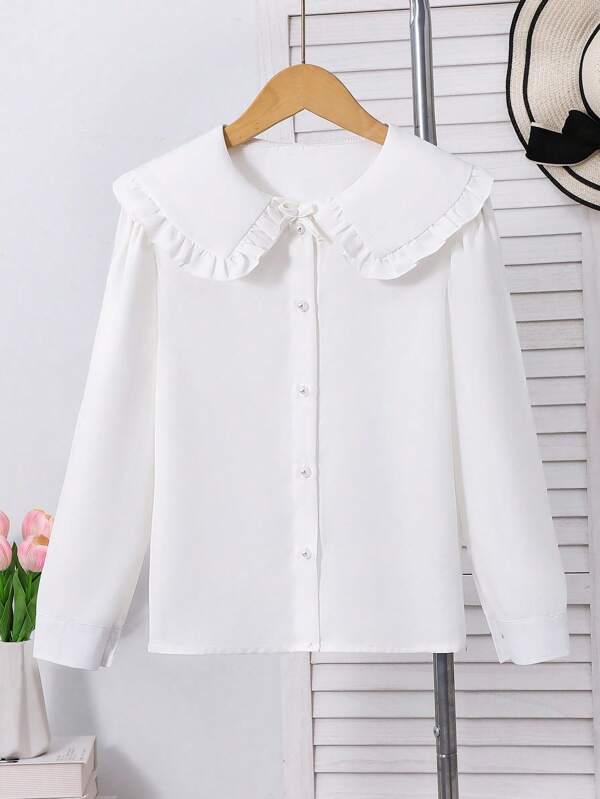 Tween Girls Sweet Peter Pan Collar White Blouse, Korean Style School Uniform