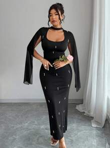 SHEIN Clasi Plus Size Black Beaded Cape Sleeve Dress