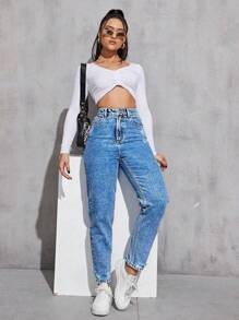 EURMUSE Jeans de tela vaquera casuales de lavado claro y desgastados con silueta entallada para mujer - Lavado ligero - Ver 4