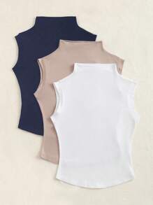 Sweetra Top canotta senza maniche da donna casual di colore unito, con colletto alto e stile minimalista