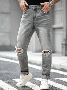 Manfinity Homme 男士日常休闲做旧洗水直筒牛仔裤 - 灰色 - 查看 5