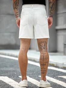 Manfinity Homme 男士纯色休闲时尚口袋直筒牛仔短裤男士白色牛仔短裤办公室通勤都市度假休闲 - 白色 - 查看 2