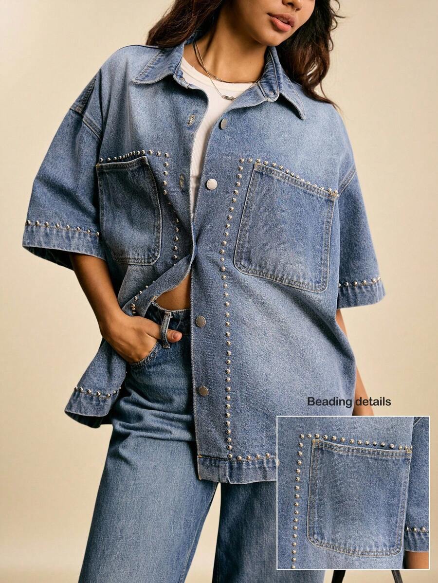 Easelle Women's Solid Color Casual Short-Sleeved Denim Shirt With Rhinestones On The Front, Sparkling, Independence Day, Outdoor, Back To School, Vintage, Streetwear