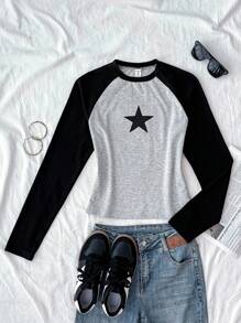 SHEIN 少女黑色插肩袖撞色星星印花长袖圆领T恤，返校季T恤，街头时尚百搭T恤，可爱上衣，长袖上衣，星星长袖T恤，黑白配色，适合秋冬季穿着 - 灰色 - 查看 8