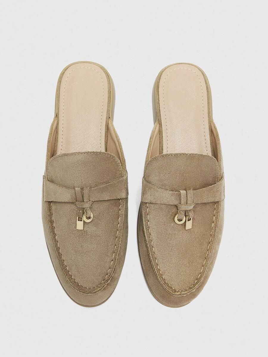 CUCCOO BIZCHIC 女士时尚杏色天鹅绒舒适通勤一脚蹬平底鞋，适合户外、休闲、工作、日常穿着 - 杏色 - 查看 1