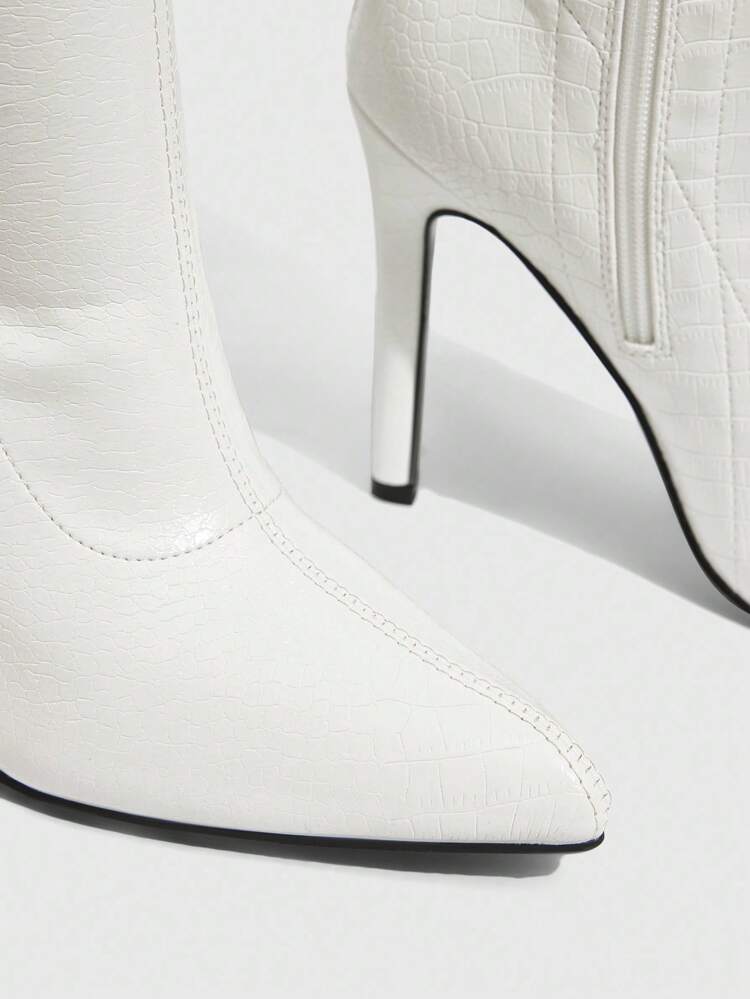 CUCCOO SZL Women's White Embossed Pointed Toe Super High Stilettos, Sexy Club Party Over-The-Knee Long Boots For Christmas