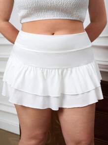 SHEIN Tall CURVE 夏季大码纯色多层休闲迷你裙 - 白色 - 查看 6