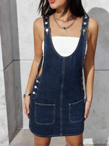 SHEIN PETITE 女式休闲牛仔连衣裤，双口袋，纽扣设计 - 藍色 - 查看 1