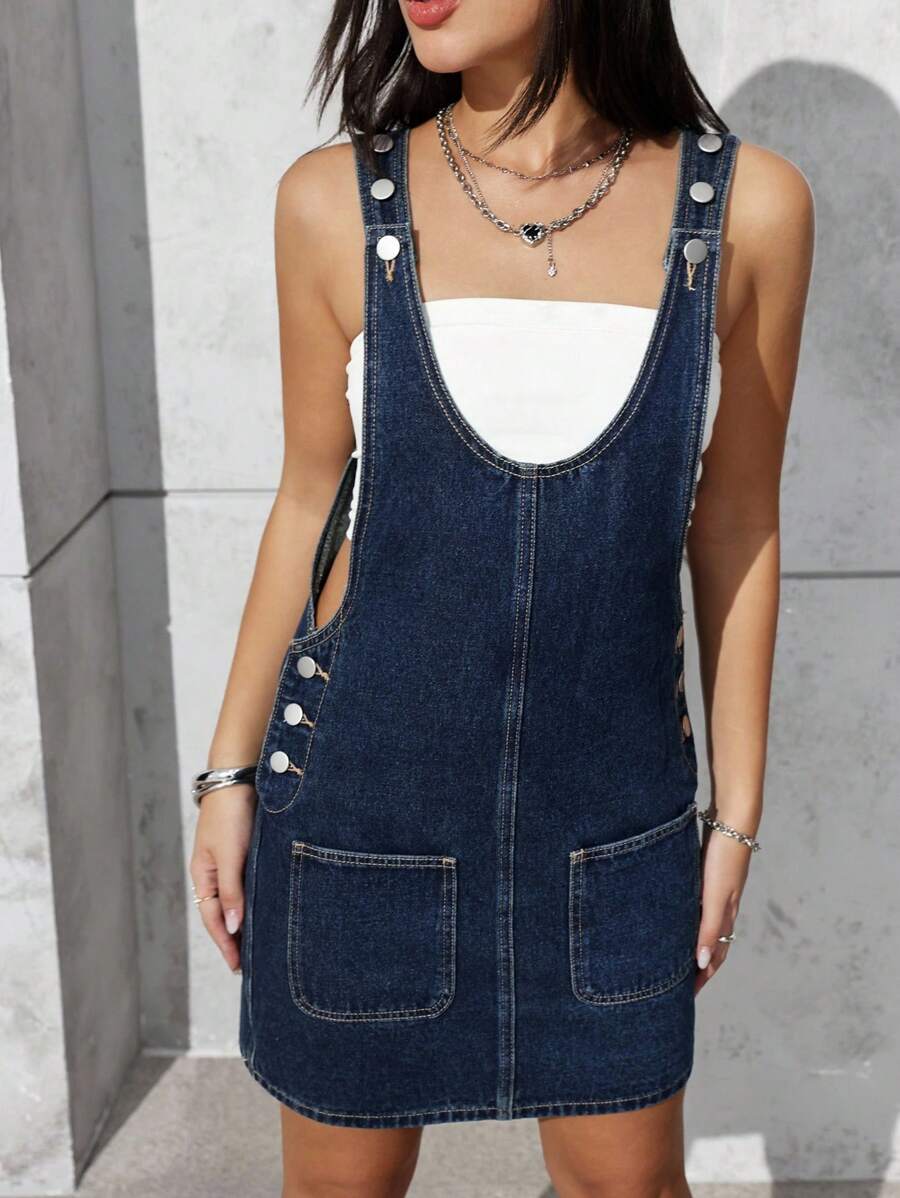 SHEIN PETITE 女式休闲牛仔连衣裤，双口袋，纽扣设计 - 藍色 - 查看 1