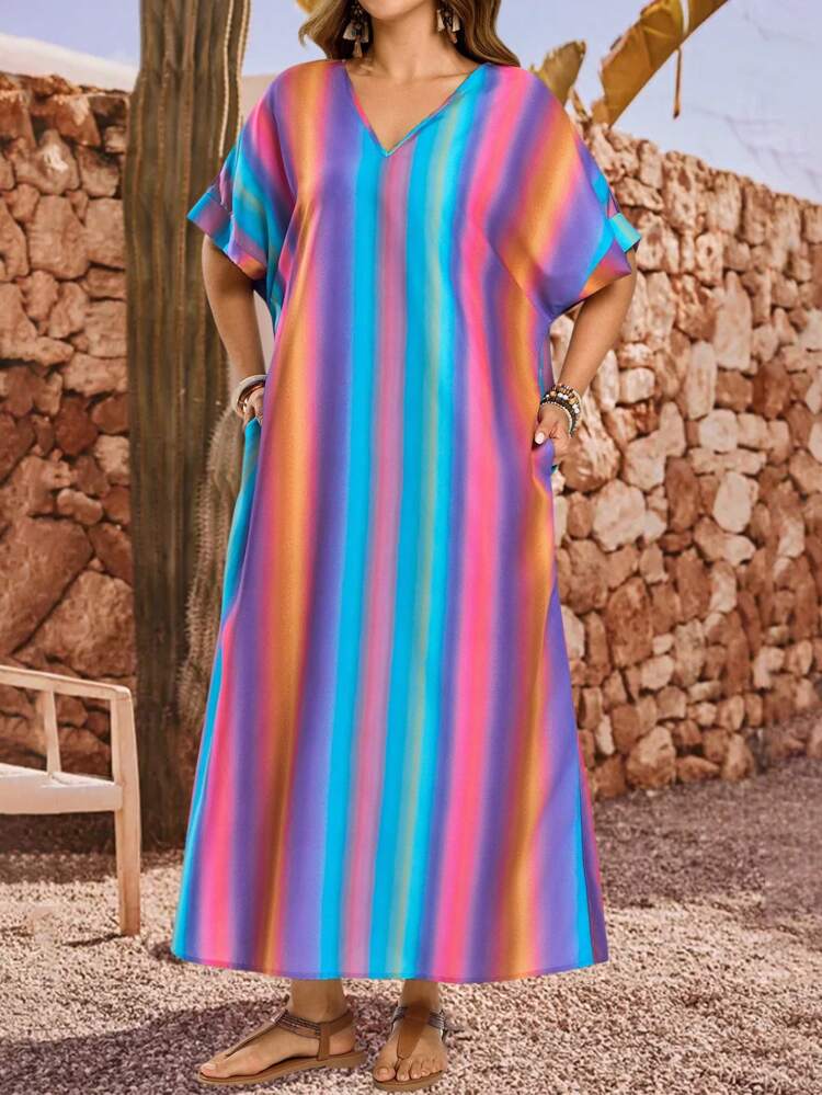 Plus Size Color Block Vertical Striped V-Neck Mid-Sleeve Rolled Hem Casual Loose Summer Dress,Summer Outfits For Women,Vacation Outfits  For Women,Holiday Outfits Boho