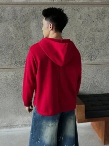Manfinity BRENVOR 男士休闲时尚刺绣针织连帽衫，适合秋冬 - 紅色 - 查看 3