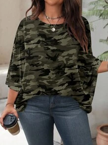 SHEIN LUNE Camouflage Print Casual Minimalist Loose Fit Round Neck Long Sleeve T-Shirt, Plus Size, Suitable For Autumn/Winter - Green - View 1