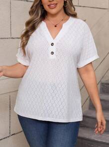 SHEIN Plus Size Summer Casual Solid Color Textured Boat Neck Blouse - White - View 6