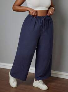 SHEIN PETITE CURVE Plus Size Solid Color Tie Front Pocket Simple Casual Pants, Daily Casual Wear