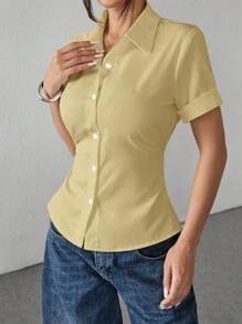 SHEIN PETITE 白色女款收腰百褶短袖襯衫，適合嬌小身型女性 - 黃色 - 查看 6