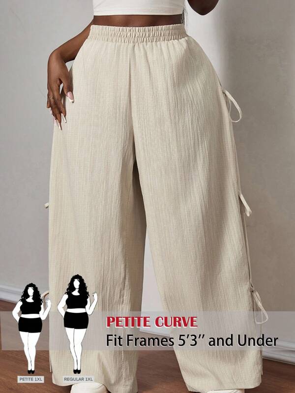 SHEIN PETITE CURVE Pantalones casuales rectos de color albaricoque talla grande, moda minimalista para uso diario en verano