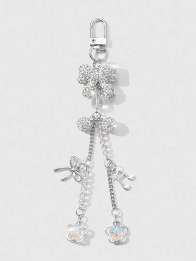 Kawaii 1pc Delicate, Sweet, Versatile, Luxurious High-End Silver Chain Soft Pottery Fully Decorated With Rhinestones Bow, Rhinestone Ball, Music Note, Flower, Star Decoration, Suitable For Women, Daily Wear, Holiday Gift, DIY Phone Case, Keychain, Bag Charm, Phone Pendant
