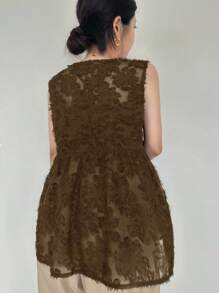 FRIFUL 女式V领纹理宽松无袖背心 - 棕色 - 查看 4