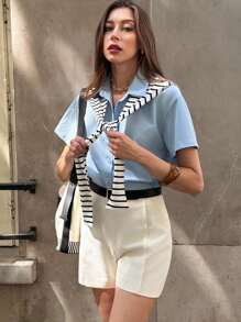 Pariaura Camicia a righe da donna in stile coreano autunnale con piccolo scialle decorativo annodato, adatta per insegnanti e studenti - Multicolore - Visualizzare 6