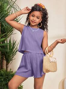 SHEIN 青少年女孩休闲度假编织纹理无袖圆领露背蝴蝶结装饰上衣和短裤套装 - 淺灰紫 - 查看 2