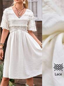 LanaWest Vestido ajustado con mangas acampanadas, diseño bohemio elegante de encaje calado, estampado floral vintage para festival y vacaciones, primavera/verano - Albaricoque - Ver 1