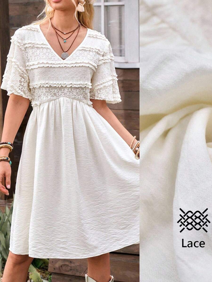 LanaWest Vestido ajustado con mangas acampanadas, diseño bohemio elegante de encaje calado, estampado floral vintage para festival y vacaciones, primavera/verano - Albaricoque - Ver 1