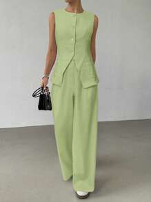SHEIN EZwear Women's Spring/Summer Lime Green Linen Casual Vest And Wide-Leg Pants 2 Pieces Set In Fall/Winter - Lime Green - View 4