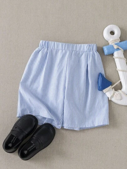  PrepCrw Young Boy Striped Shorts, College Style Classic Blue And White Striped Cotton Blend Shorts For Young. These Comfortable Short Bottoms Feature An Elastic Waist And Functional Pockets, Perfect For Casual Everyday Wear. For Back To School, First Day Of School