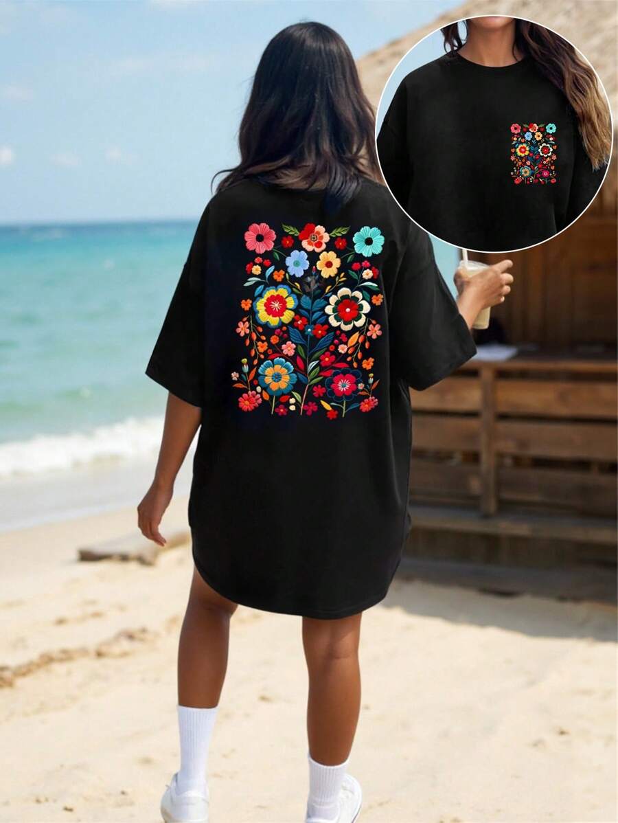 SHEIN Unity 女士花卉印花宽松休闲圆领落肩T恤，夏季