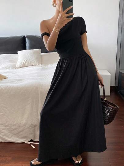 Livesso Solid Color Lace Patchwork Asymmetrical Shoulder Short Sleeve Waist Flared Maxi Dress, Elegant Casual Autumn Long Dress For Women