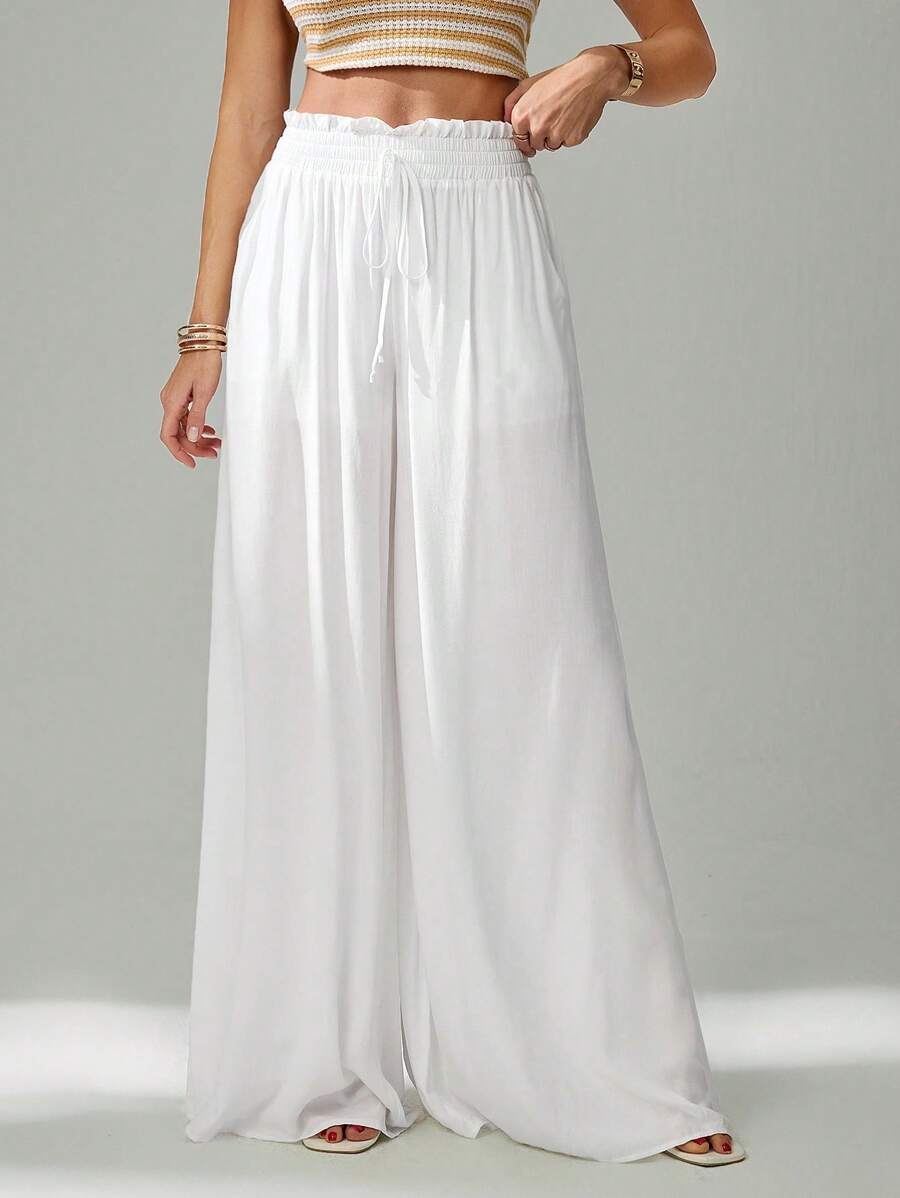 SHEIN Tall Women's Solid Color Drawstring Waist Loose Fit Summer Casual Pants - White - View 1