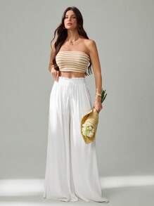 SHEIN Tall Women's Solid Color Drawstring Waist Loose Fit Summer Casual Pants - White - View 7