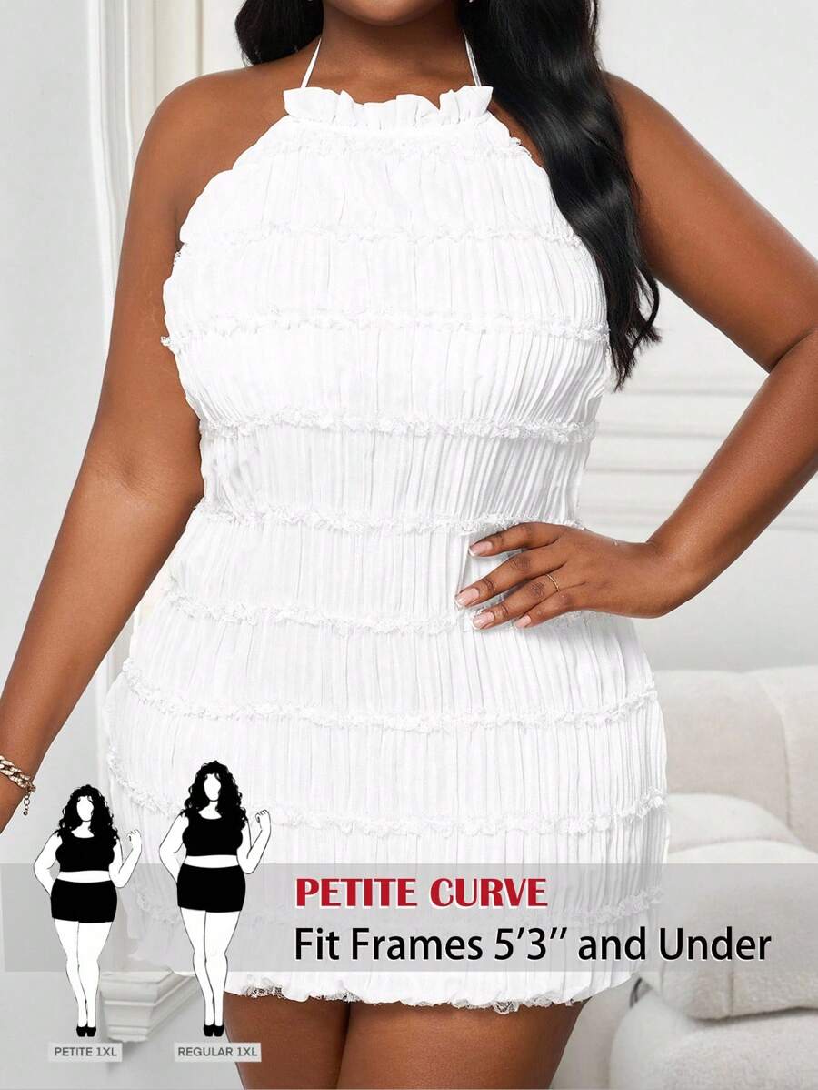 SHEIN PETITE CURVE Plus Size Women Summer Solid Color Ruched Bodycon Halter Dress, Beach Vacation Outfits, Summer Outfits For Women, Suitable For People Of Shorter Stature - White - View 1