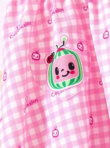 CoComelon X SHEIN 女婴西瓜印花口袋粉色格子可爱甜美夏日清爽假日吊带连衣裙 - 粉色 - 查看 4