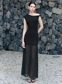 Chiquease Halloween Women's Elegant Cold-Shoulder Asymmetric Neck Chiffon Patchwork Sheer Hem Cinched Waist Dress