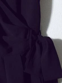 Franclia V-Neck Ruffled Trim Tied Waist Flared Cuff Chiffon Blouse Purple Peplum