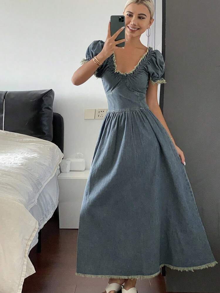 Western Cowgirl Vintage Washed Ripped Puff Sleeve Waisted A-Line Long Casual Dress, Summer Ladies Denim Dress